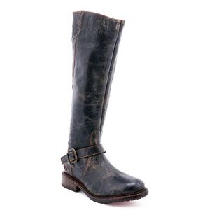 Bed Stu Tall Leather Moto Boots in Distressed Black with Brown Accents